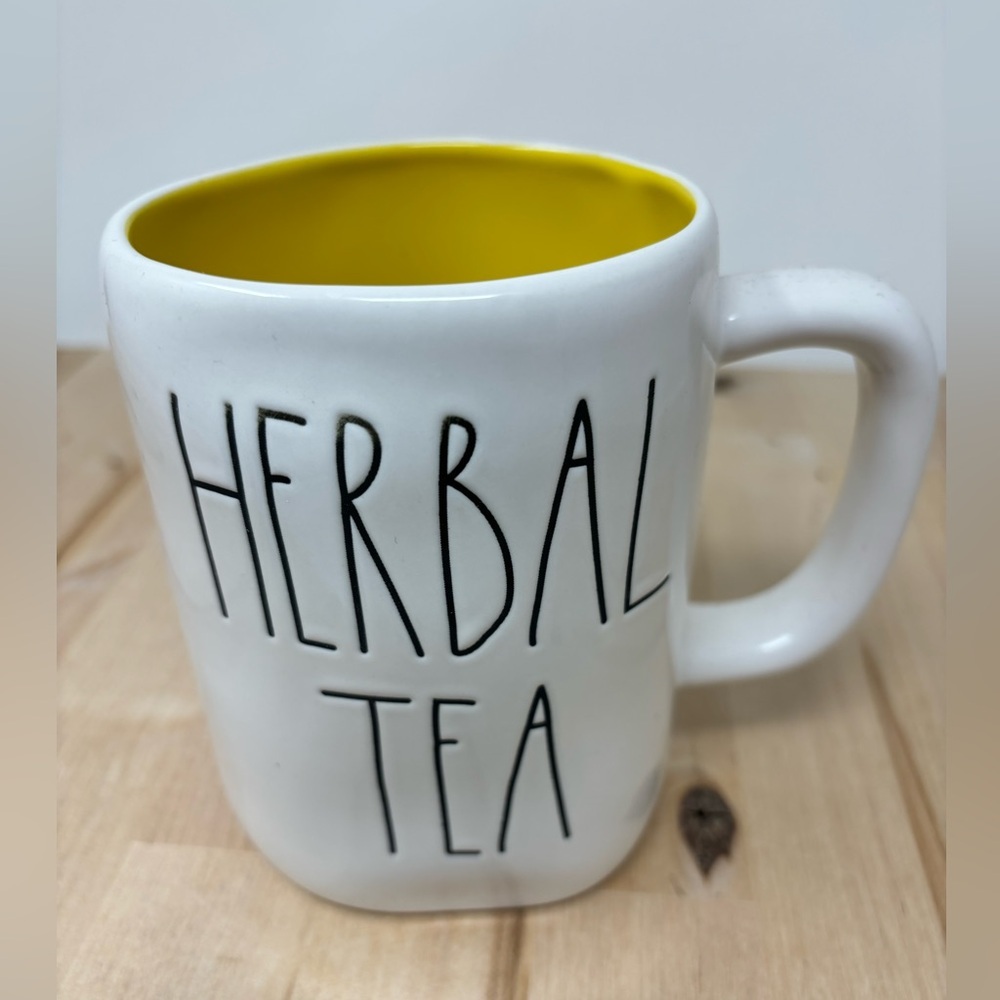 Rae Dunn HERBAL TEA Mug White with Yellow Interior with Black LL New